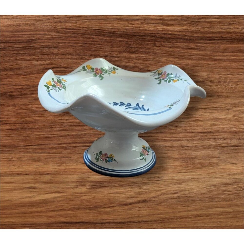 Decorative Footed Pedestal Hand-Painted Floral Ceramic Bowl‎ Wavy Rim Vintage